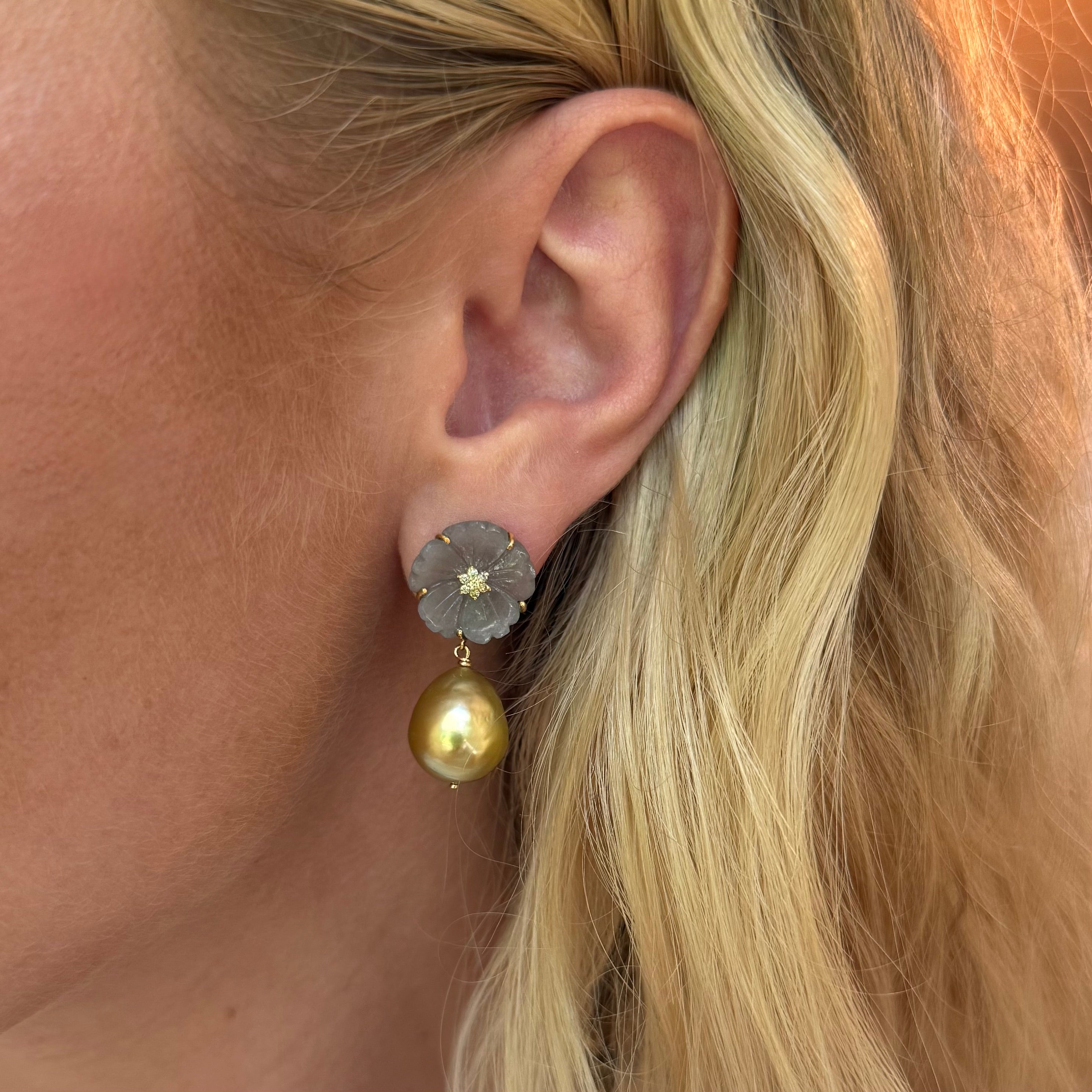 Vintage Reverso Carved Sapphire Flower Drop Pearl Earrings