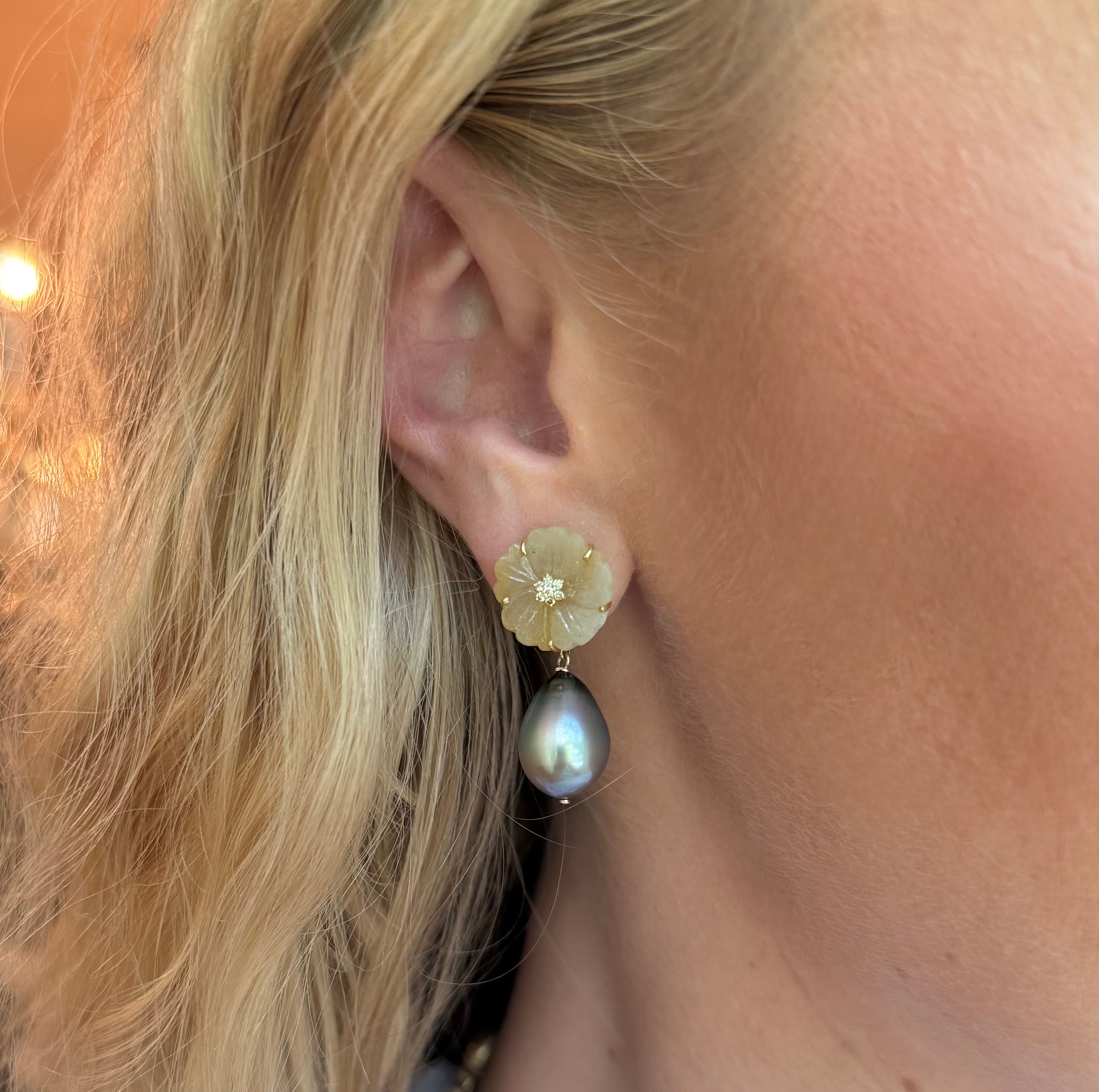 Vintage Reverso Carved Sapphire Flower Drop Pearl Earrings