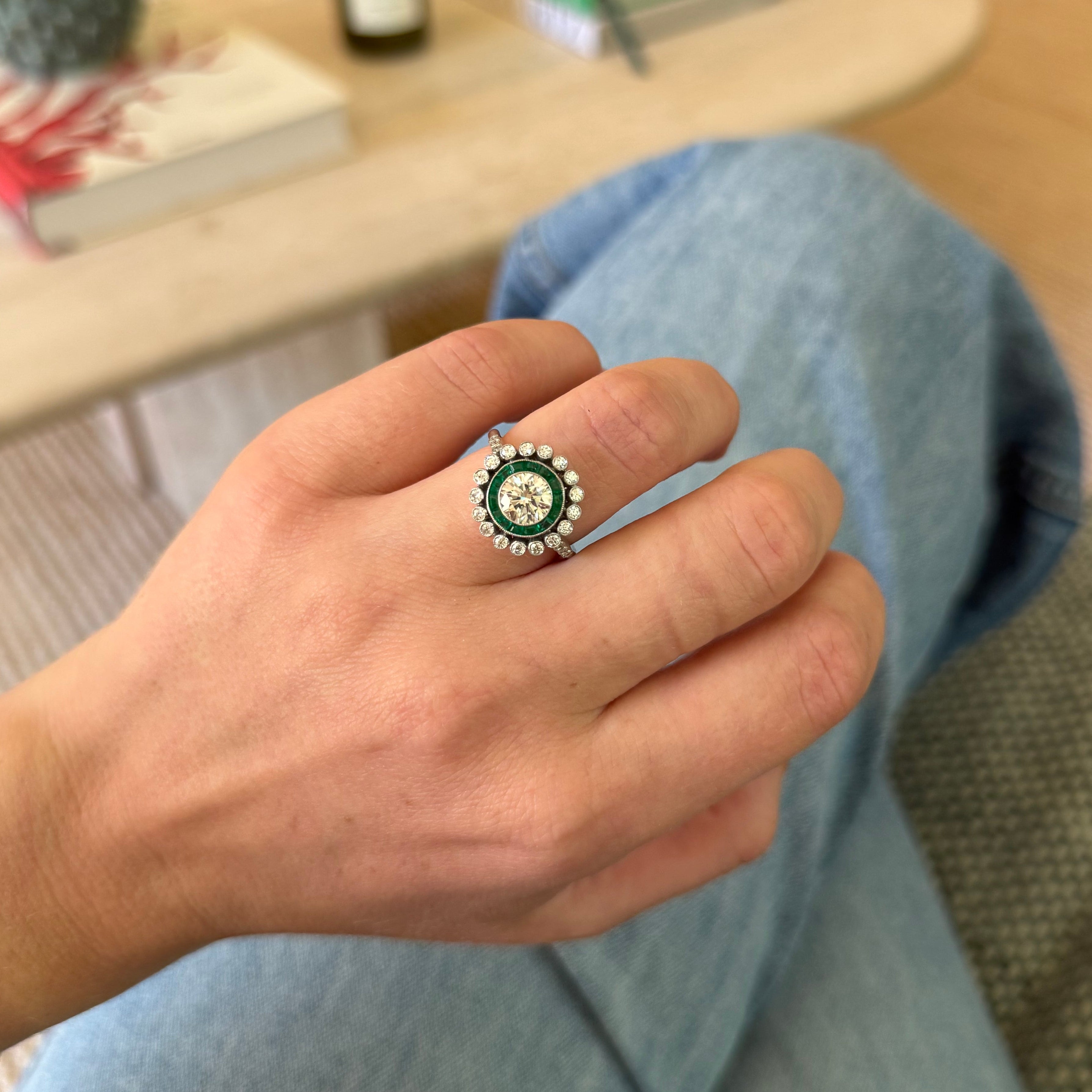 Vintage Old European Cut Diamond & Emerald Halo Ring