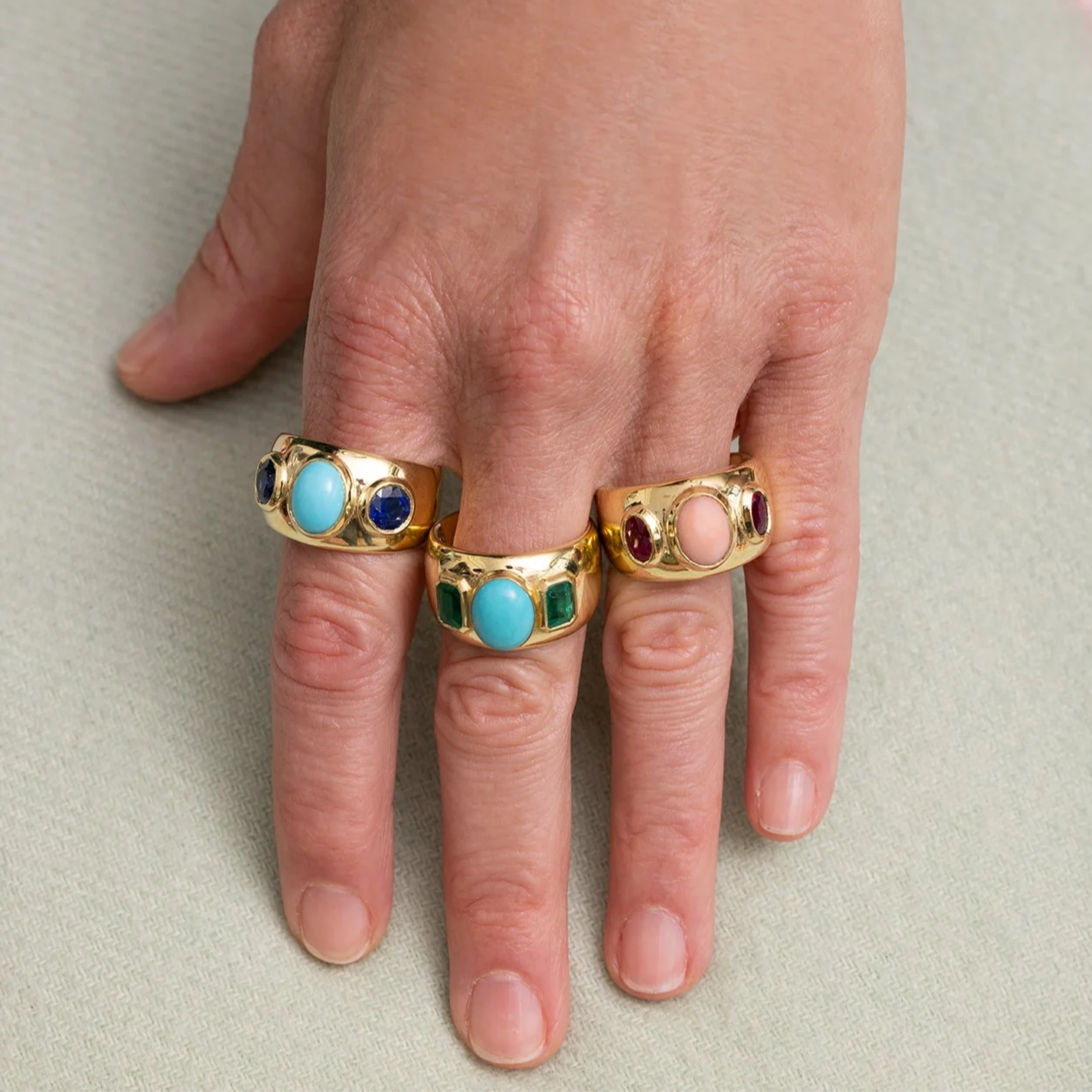 Three Stone Emerald and Turquoise Ring