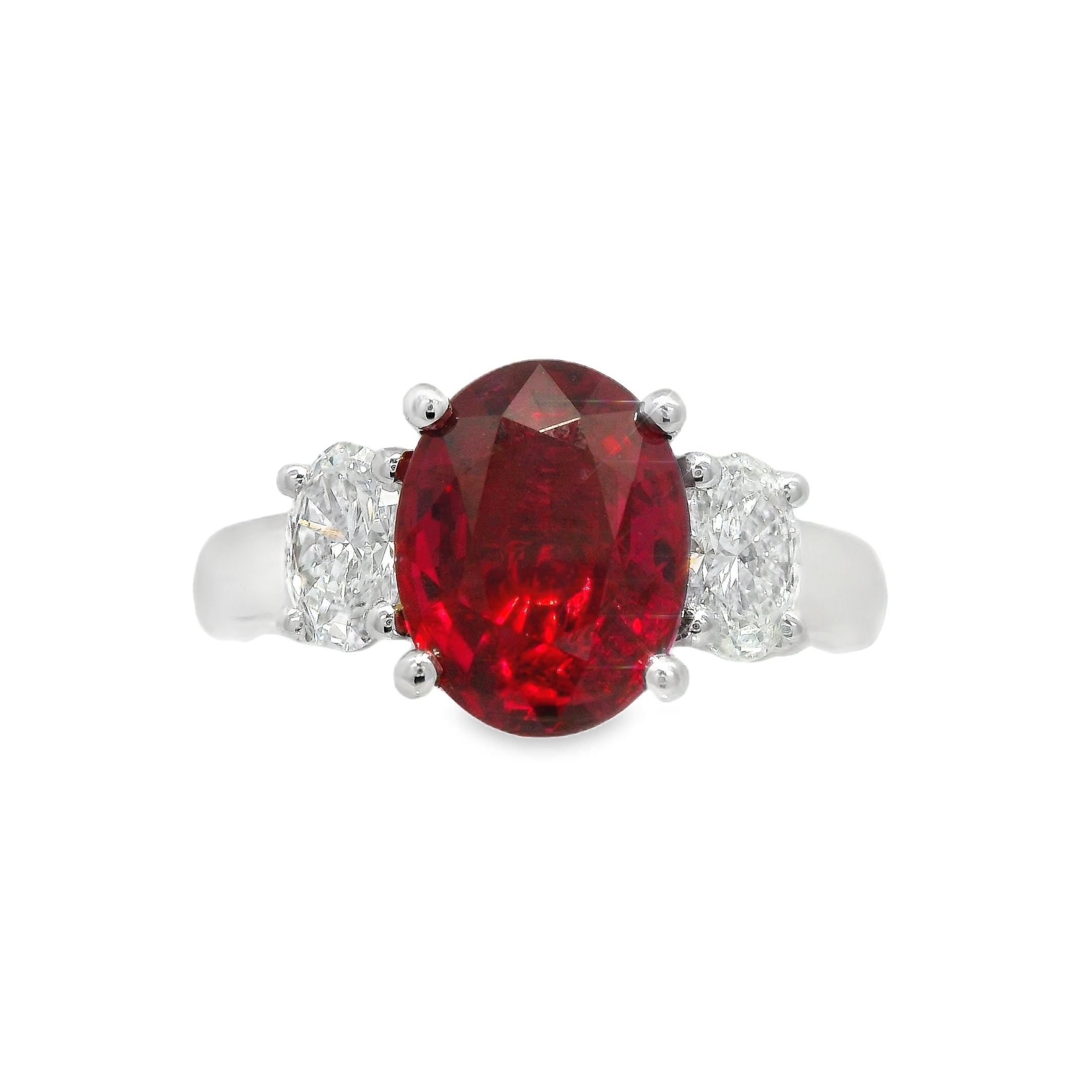 Burma Ruby Ring with Oval Diamond Side Stones