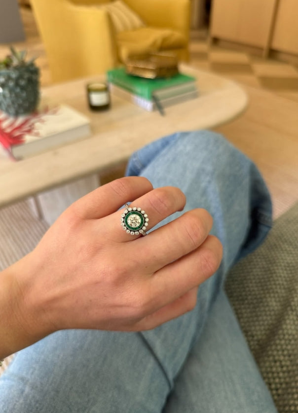 Vintage Old European Cut Diamond & Emerald Halo Ring