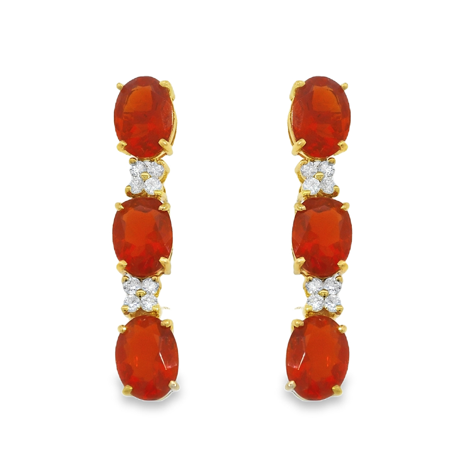 Alternating Fire Oval Opal and Quad Diamond Station Drop Earrings