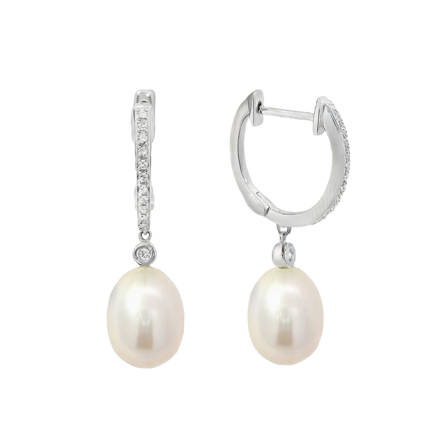 Pavé Diamond Pearl Drop Earrings with Solitaire Bezel Diamond