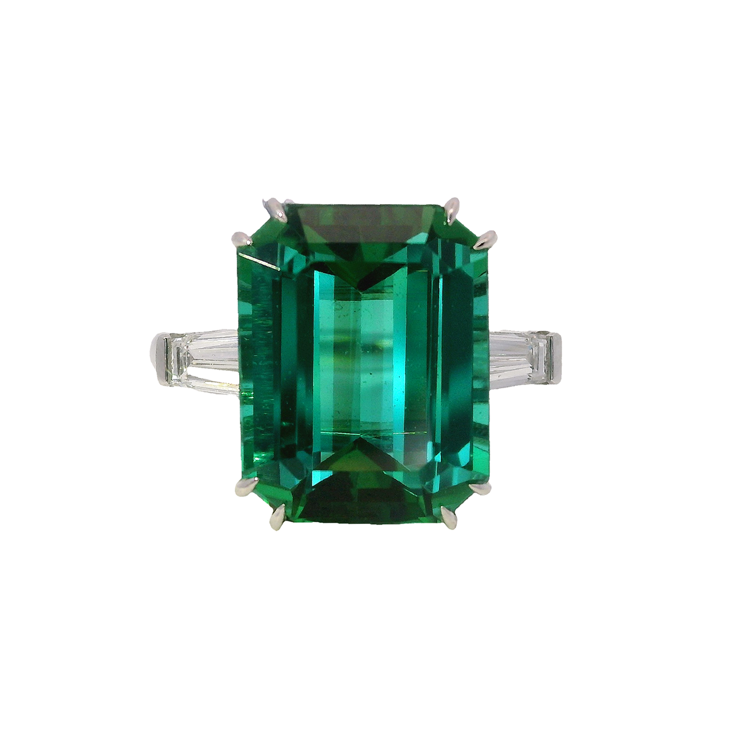 Zambian Emerald Cut Blue/Green Tourmaline Ring with Two Tapered Baguette Diamonds