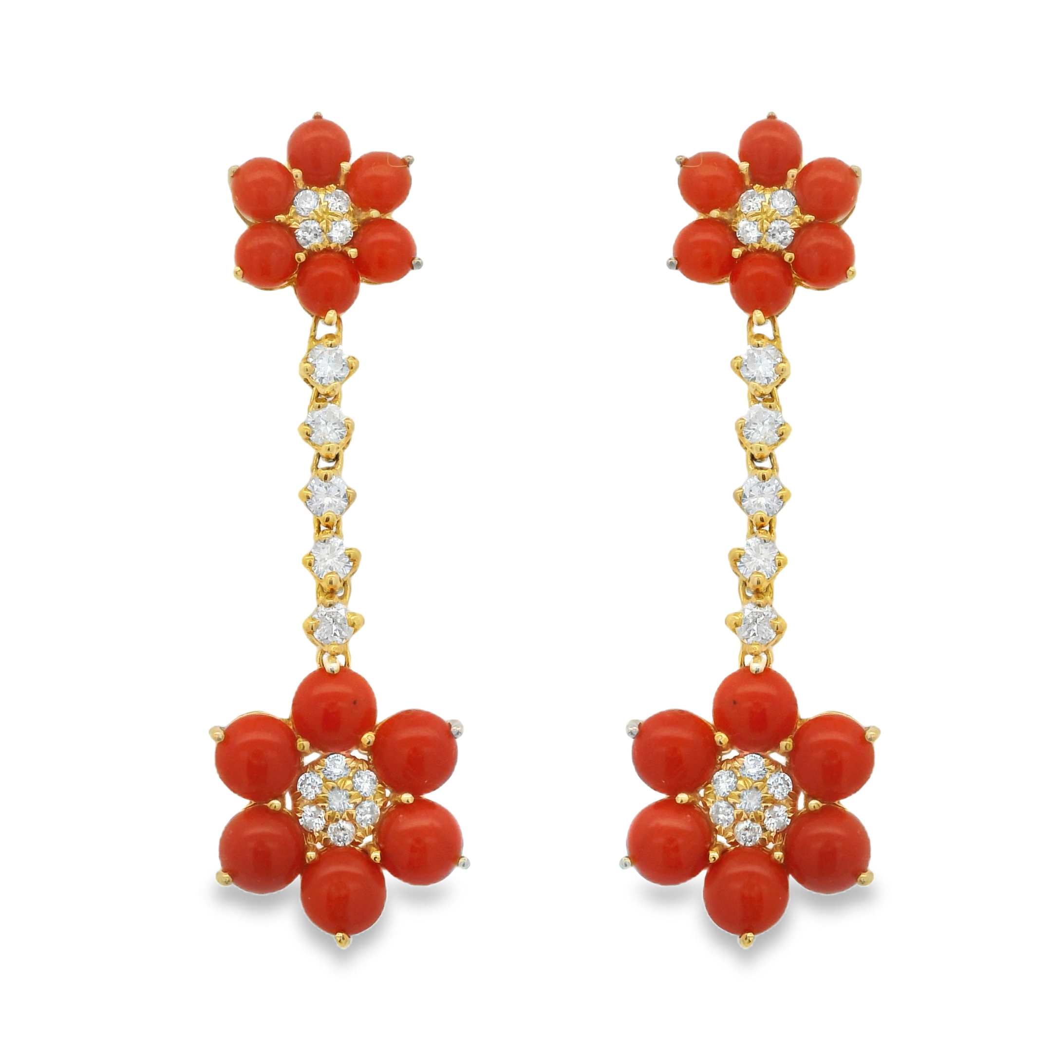 Cabochon Round Coral and Diamond Double Flower Drop Earrings