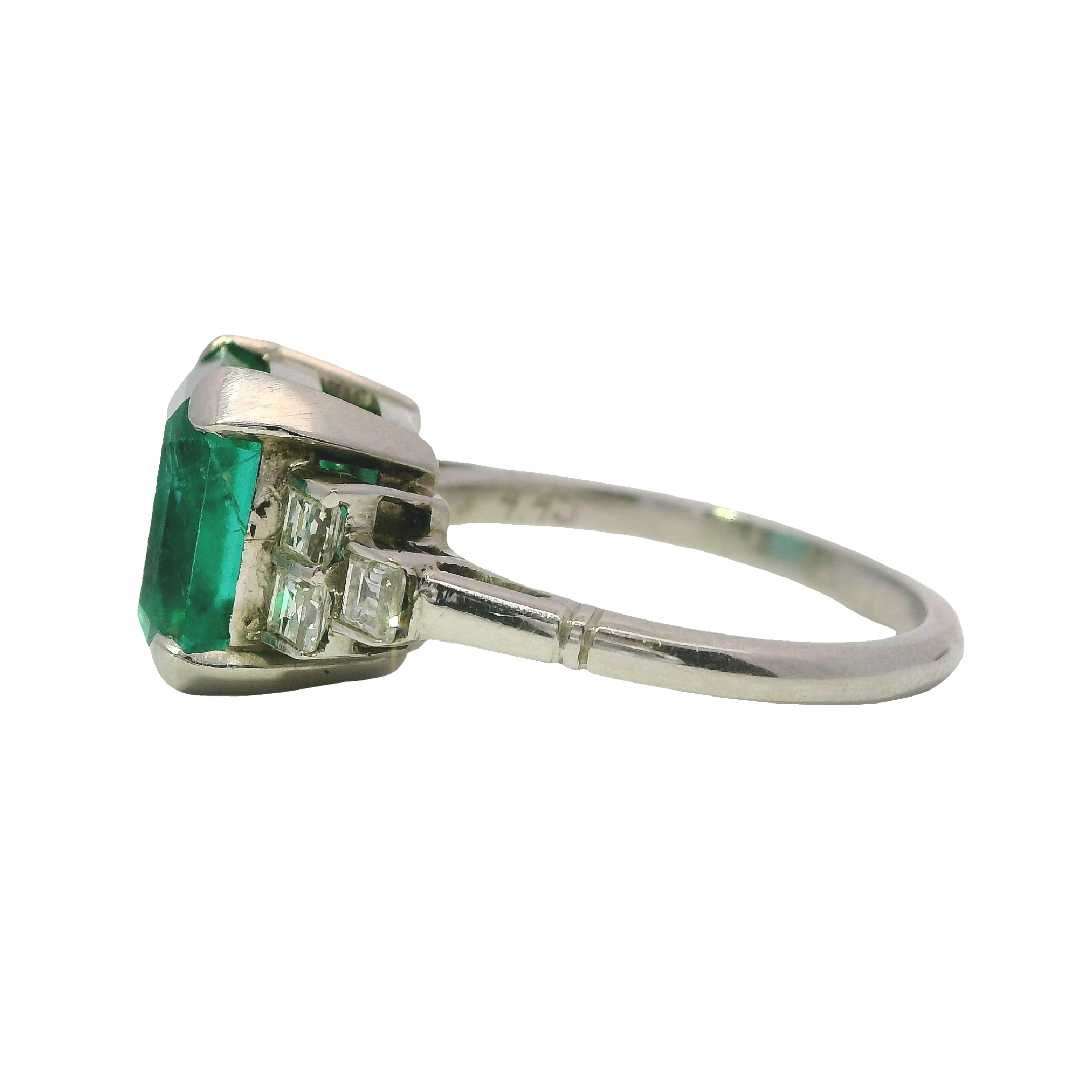 Vintage Asscher Colombian Emerald Ring with Diamond Side Stones