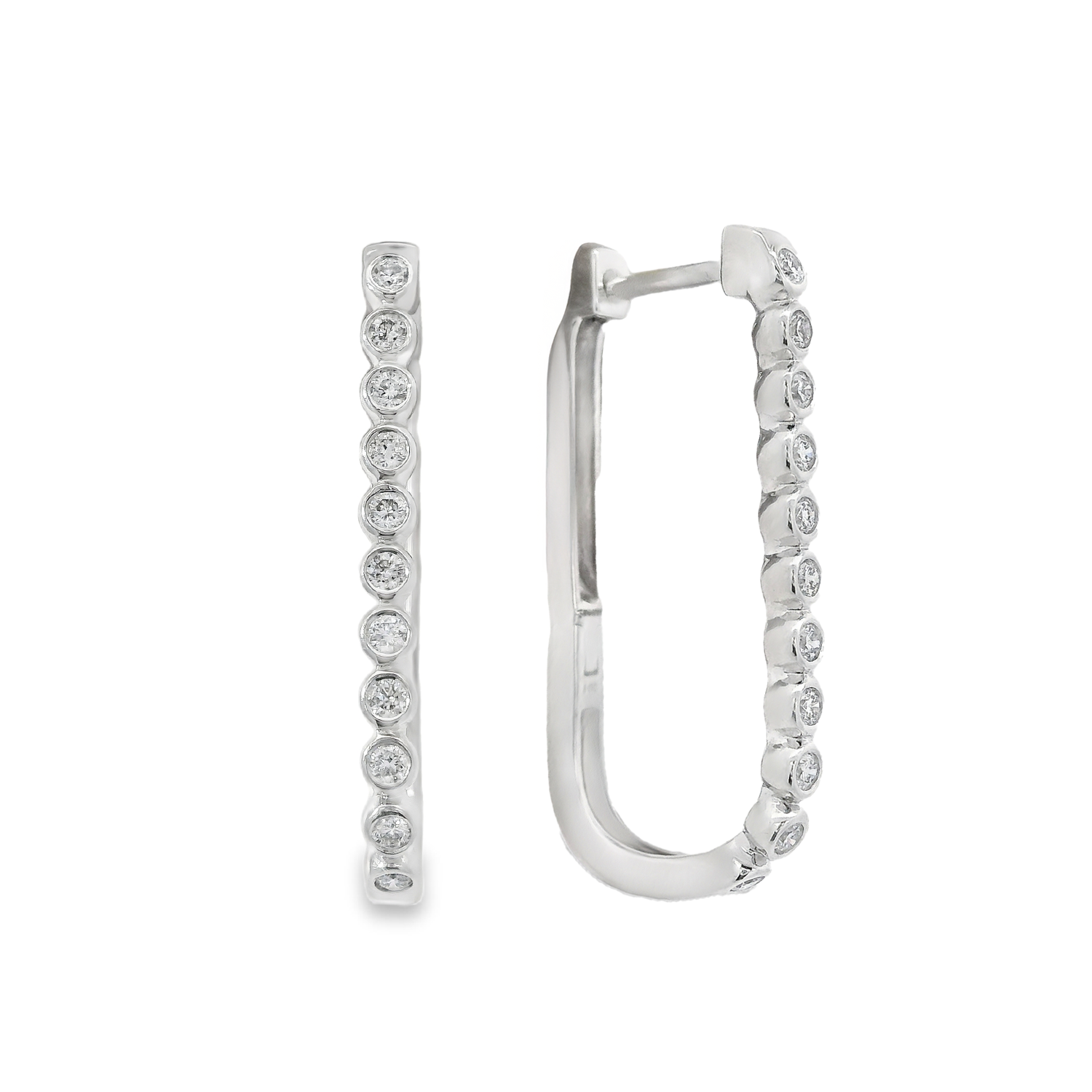 Bezeled Round Diamond Elongated Hoop Earrings