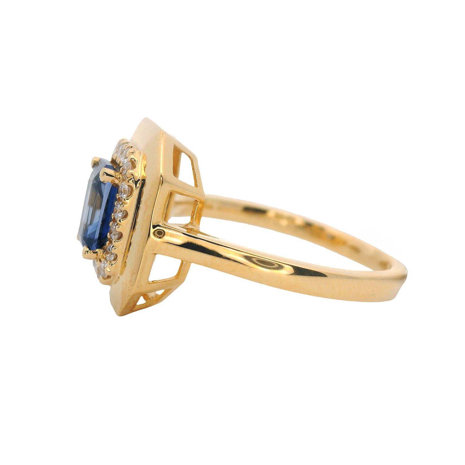 Emerald Cut Sapphire Ring with Pave Diamonds and Gold Frame