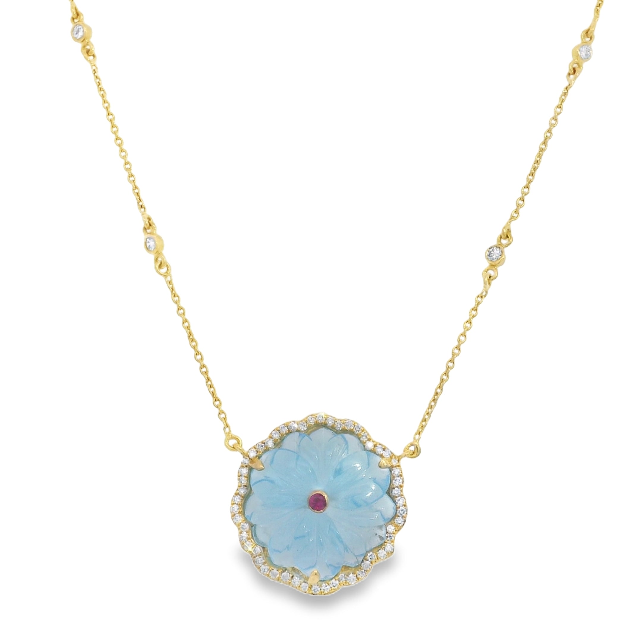 Carved Blue Topaz and Ruby Flower with Diamond Halo Necklace