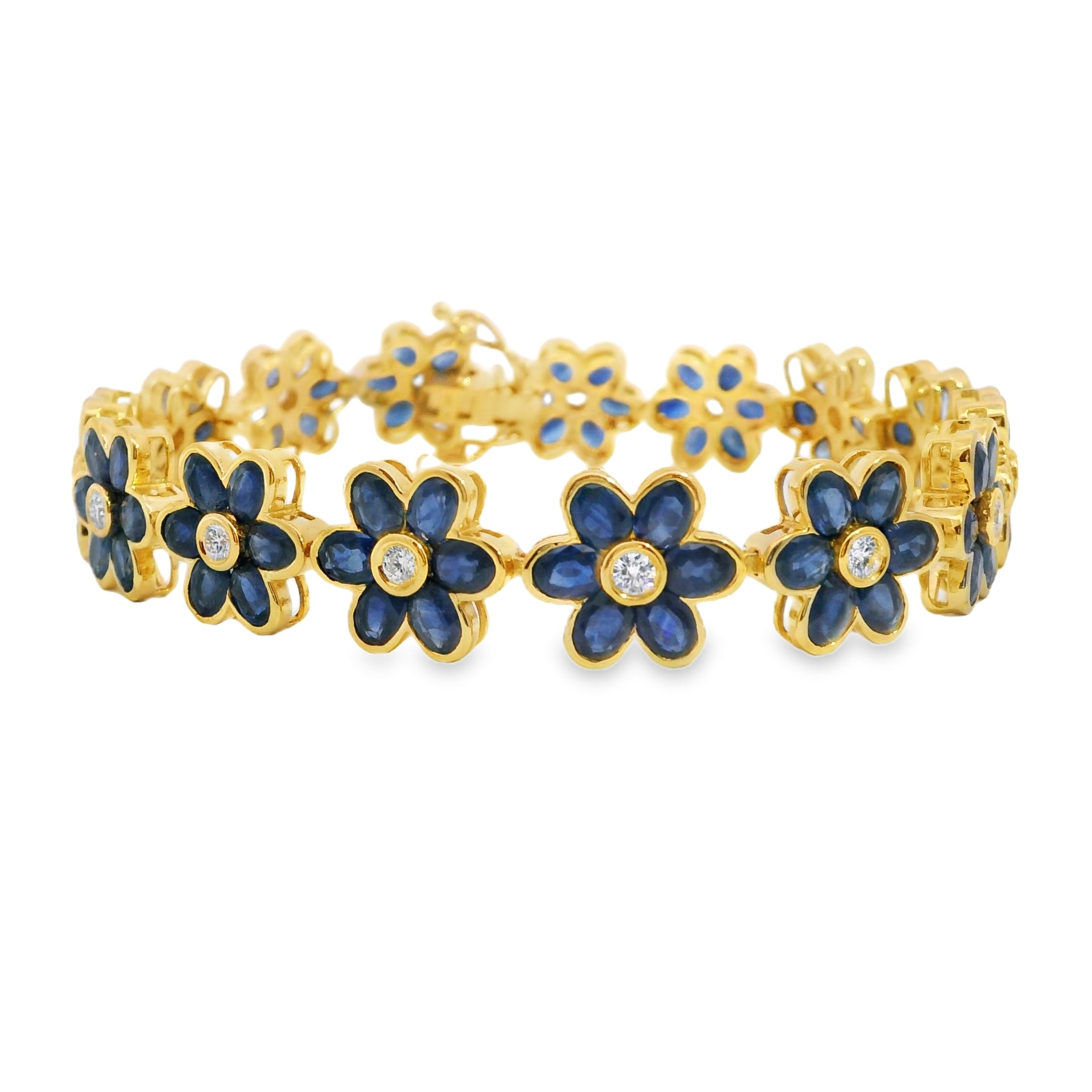 Oval Blue Sapphire and Round Diamond Flower Line Bracelet