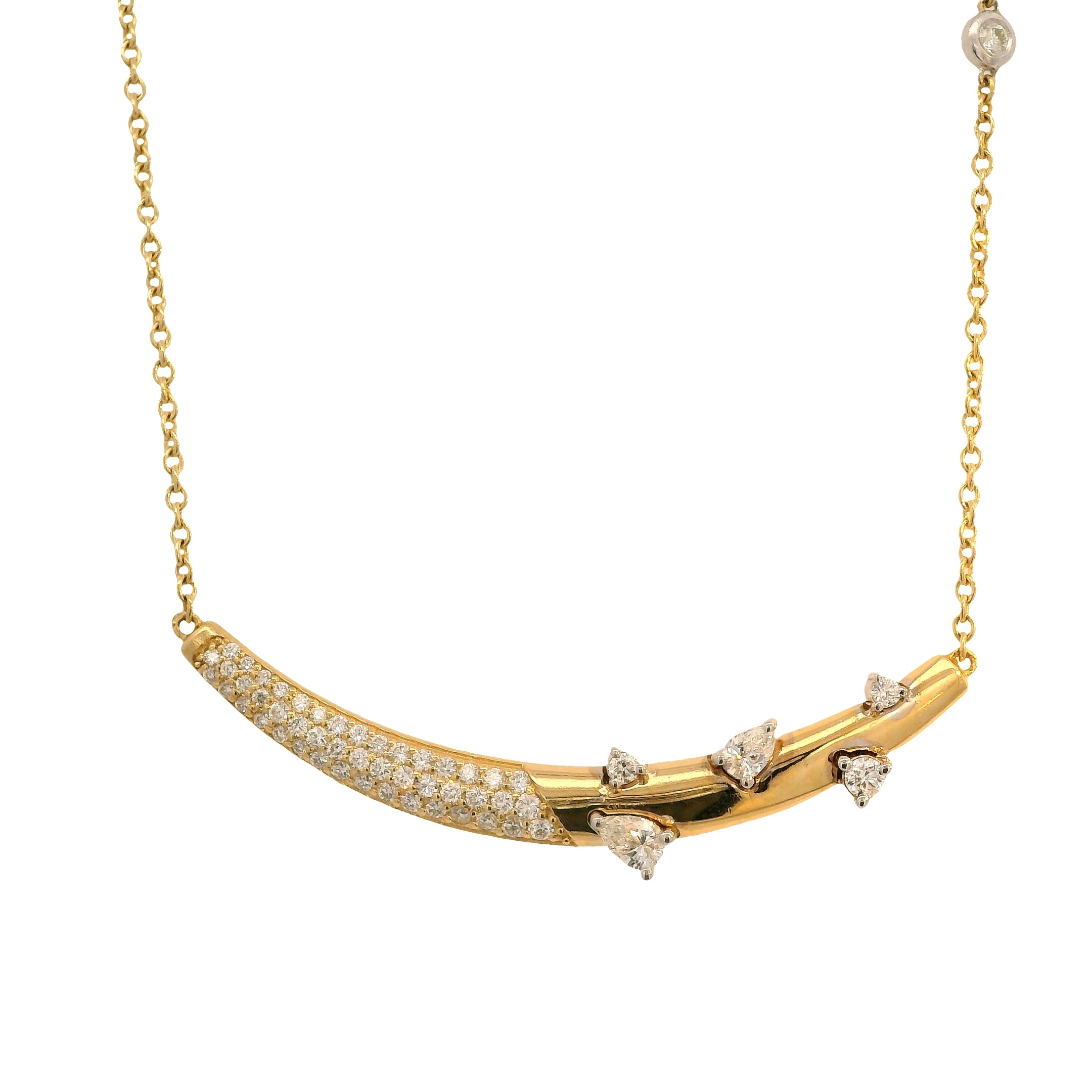 Pavé Round and Prong Set Pear Shape Diamond Curved Bar Necklace