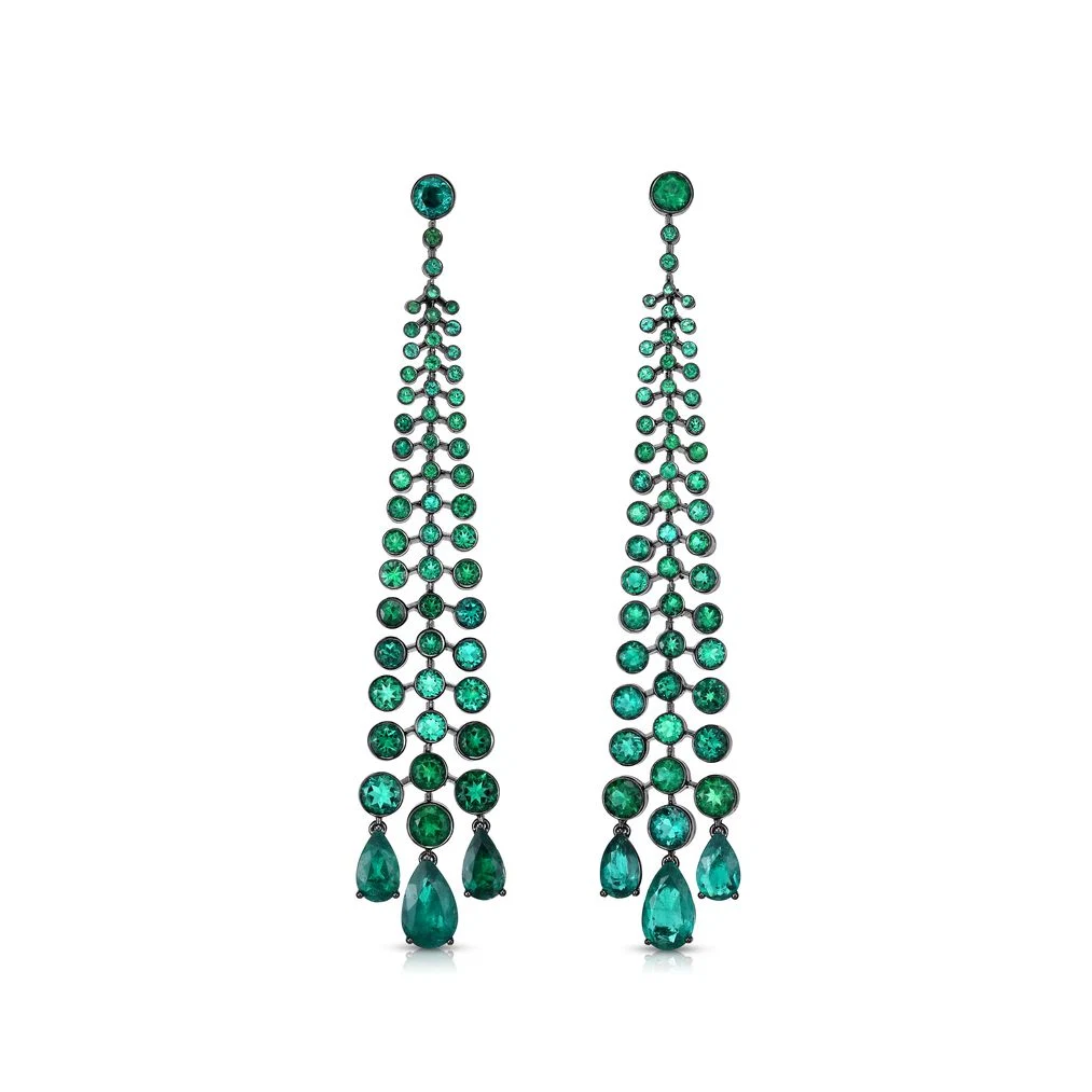 Pear and Round Emerald Chandelier Earrings