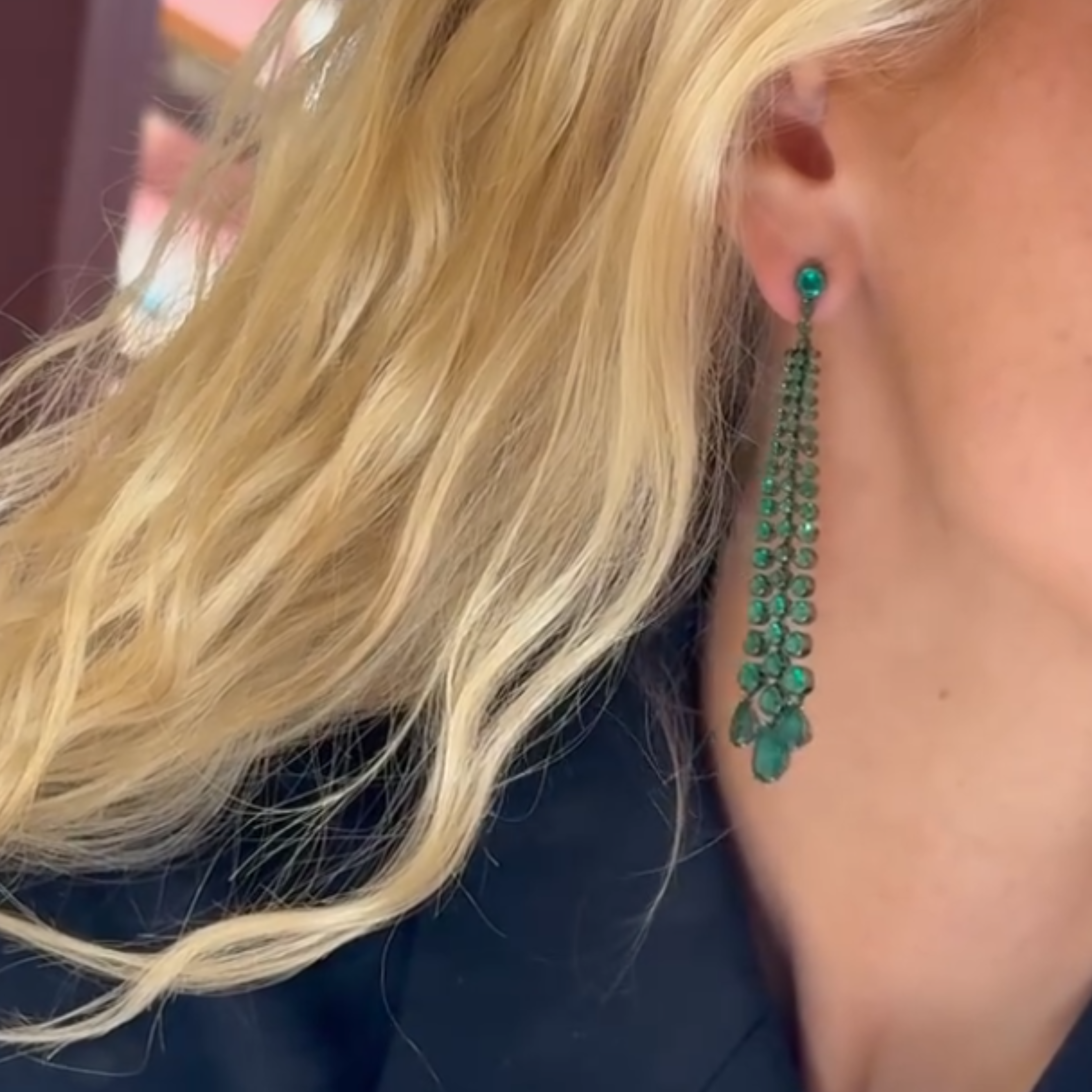 Pear and Round Emerald Chandelier Earrings