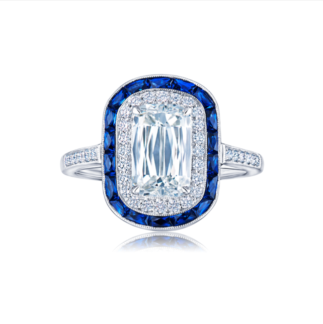 Ashoka Diamond Ring with Sapphire and Diamond Double Halo