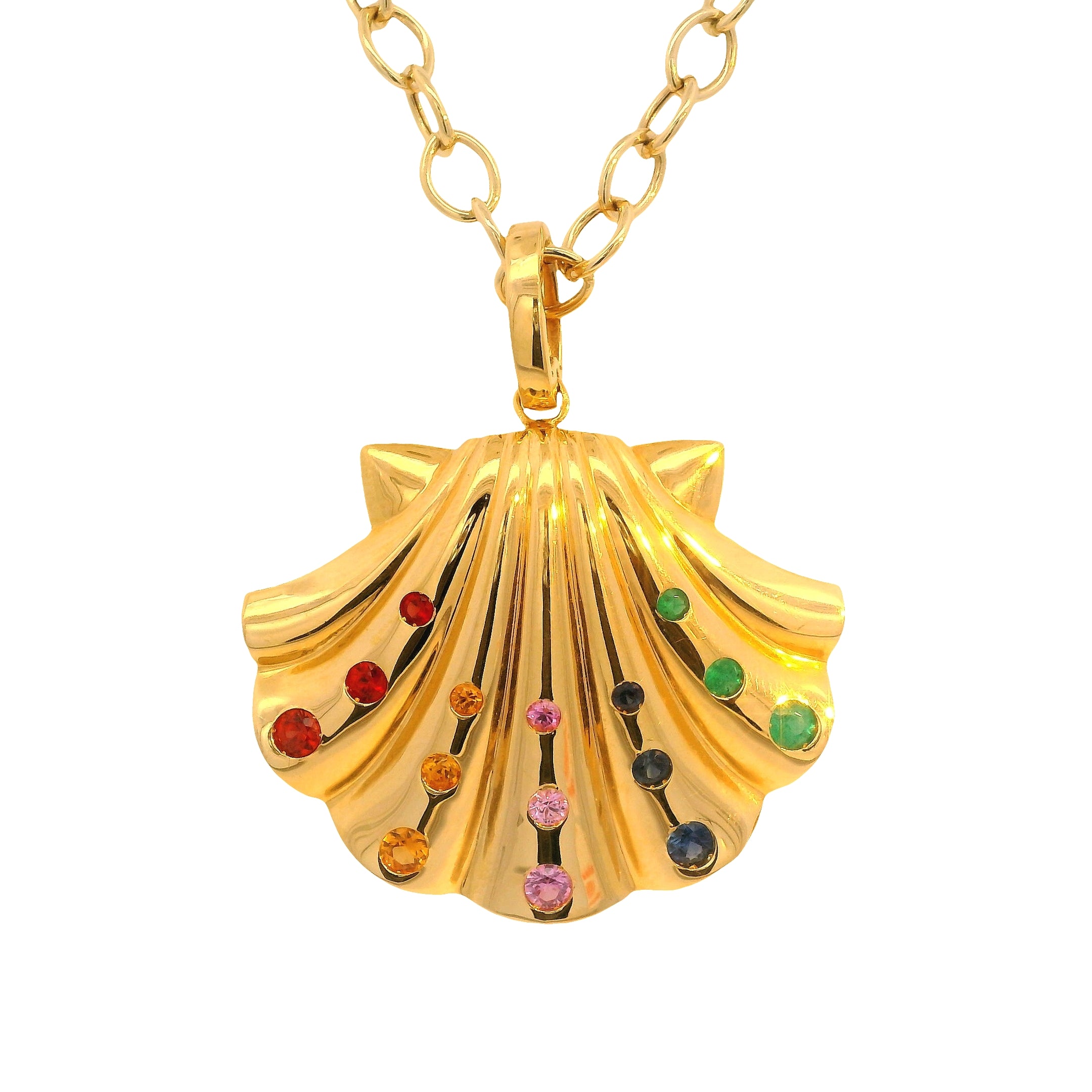 Emerald and Multicolored Sapphire Scalloped Seashell Pendant