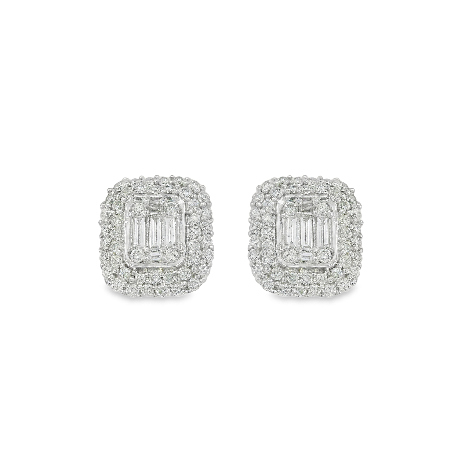 Baguette and Round Diamond Double Halo Cushion Shape Stud Earrings