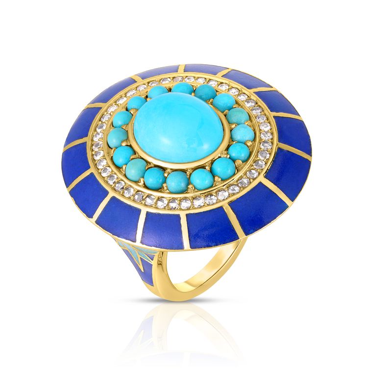 Cabochon Turquoise Disc Ring with Blue Enamel and Diamond Halo