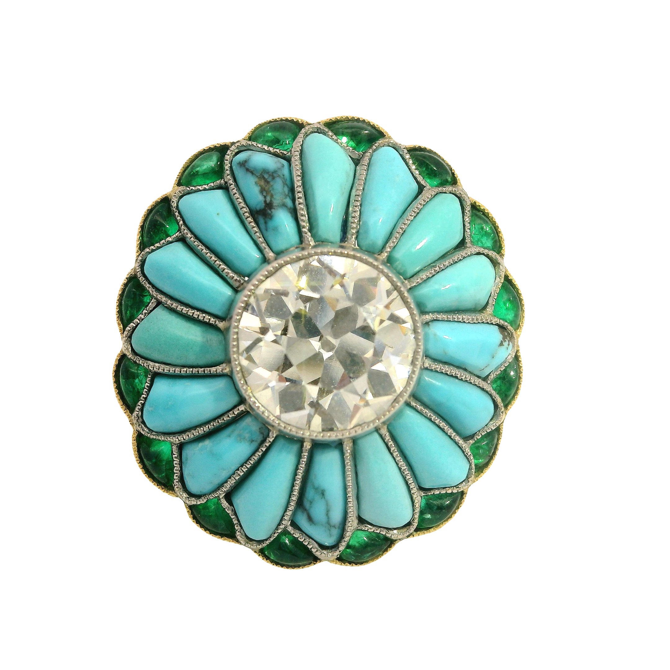 Vintage Old European Cut Diamond Ring with Turquoise and Cabochon Emerald Halo
