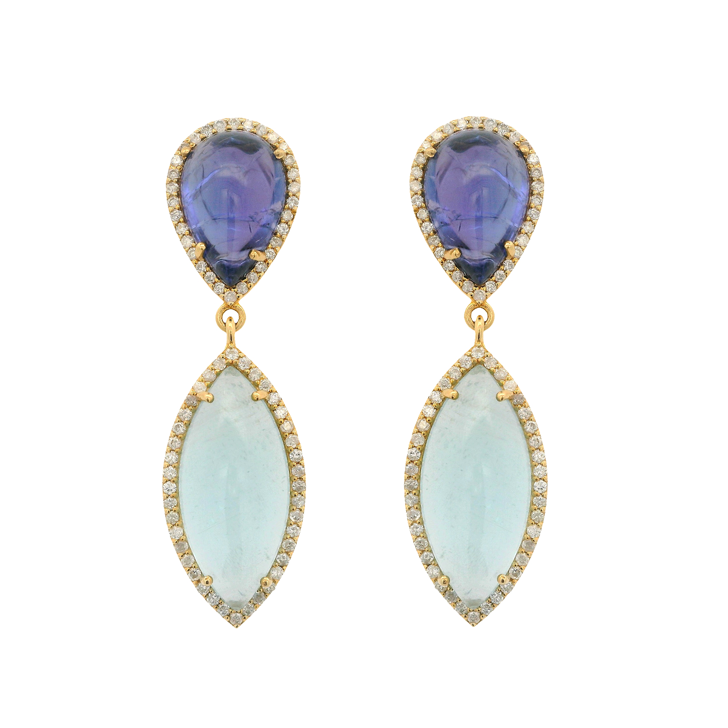 Tanzanite and Aquamarine Drop Earrings with Pavé Diamonds