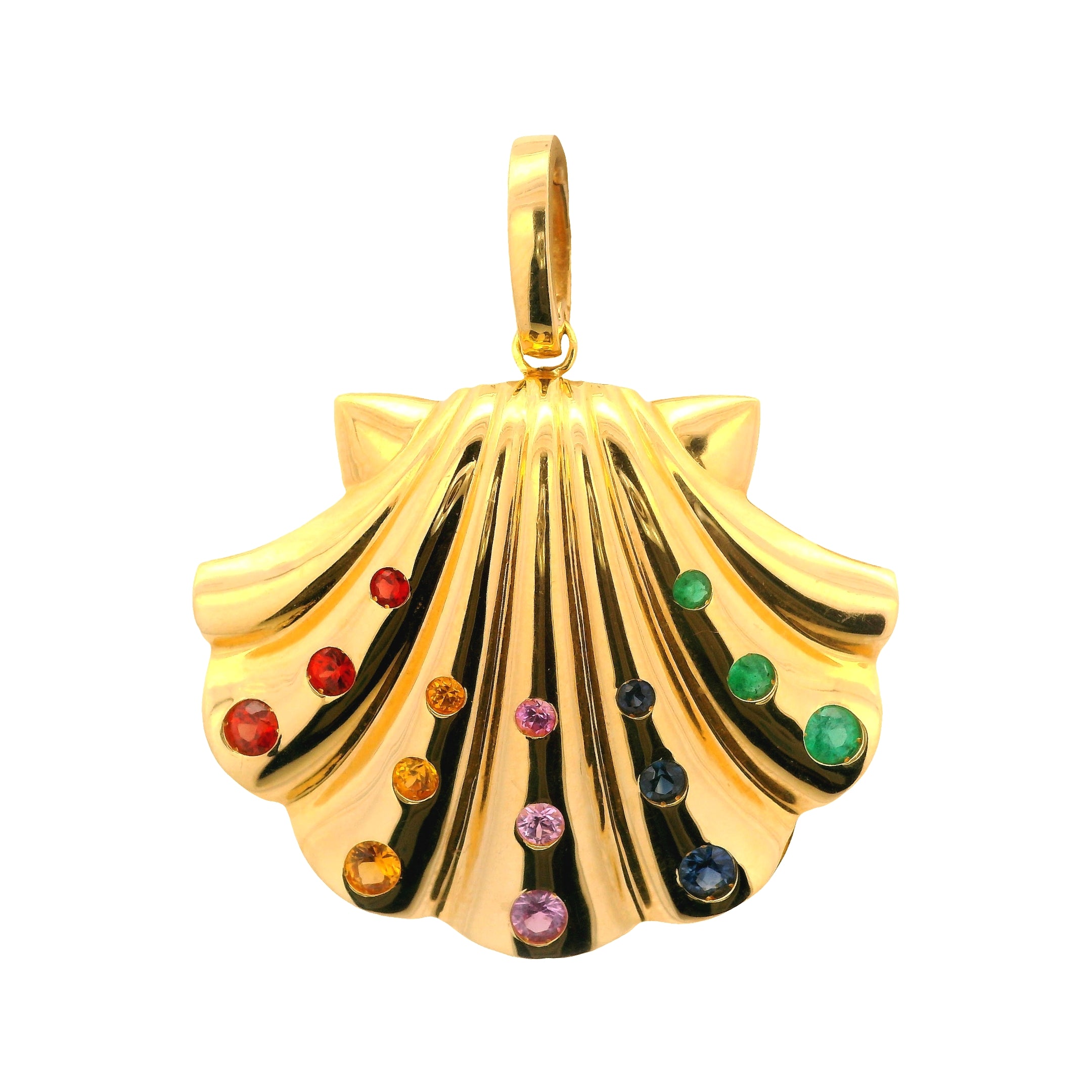 Emerald and Multicolored Sapphire Scalloped Seashell Pendant