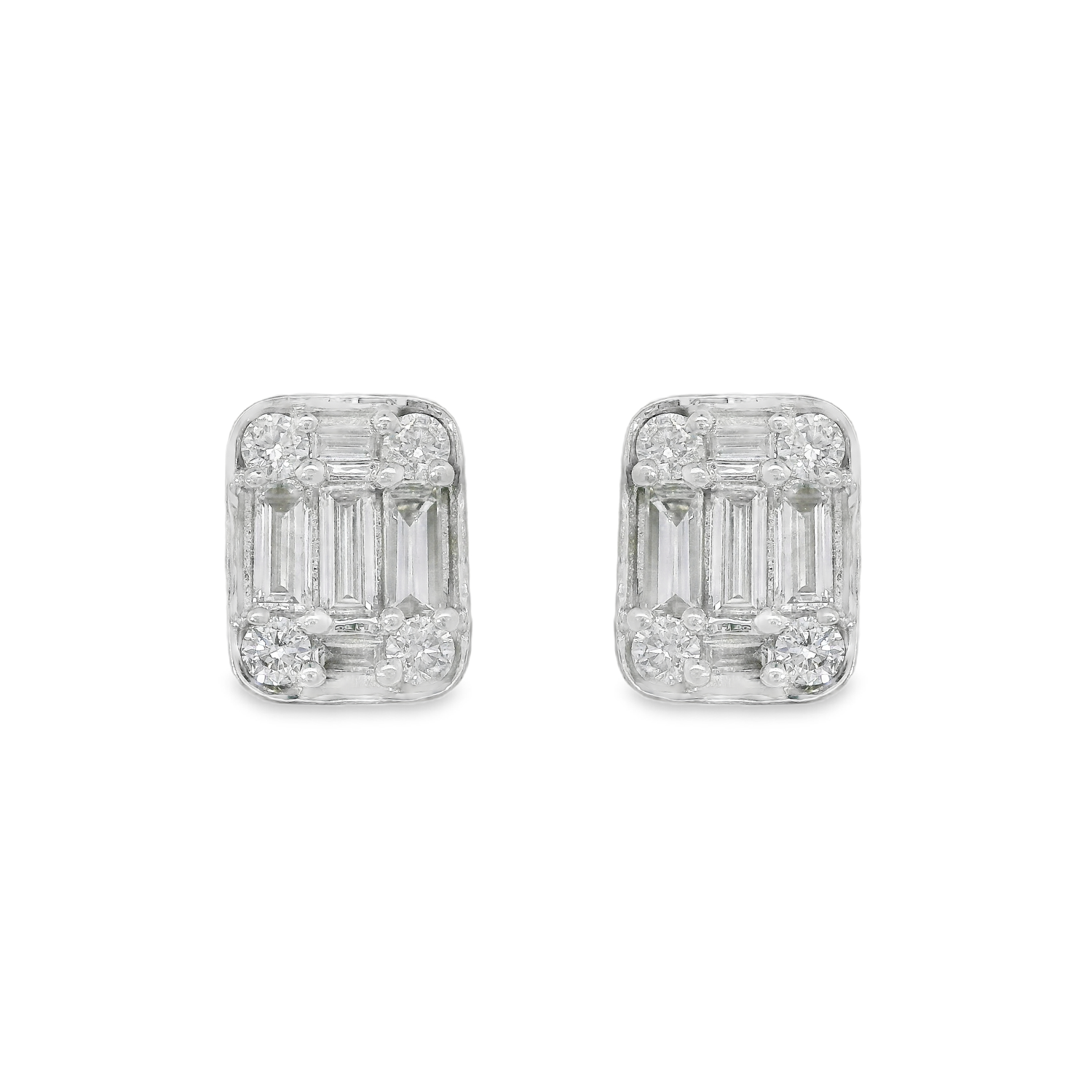 Rectangle Stud Earrings with Baguette and Round Brilliant Diamonds