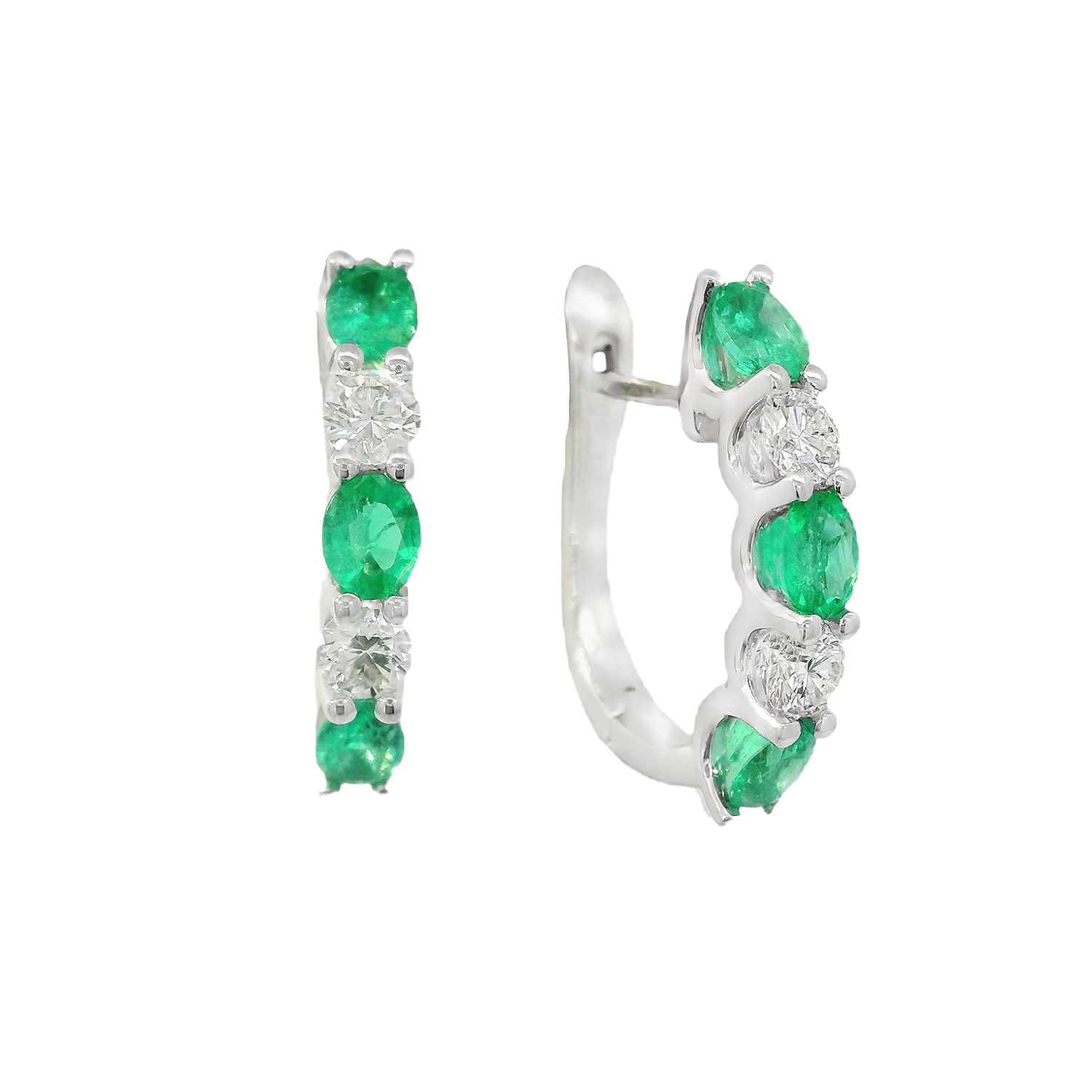 Shared Prong Alternating Round Diamond and Oval Emerald Hoop Earrings