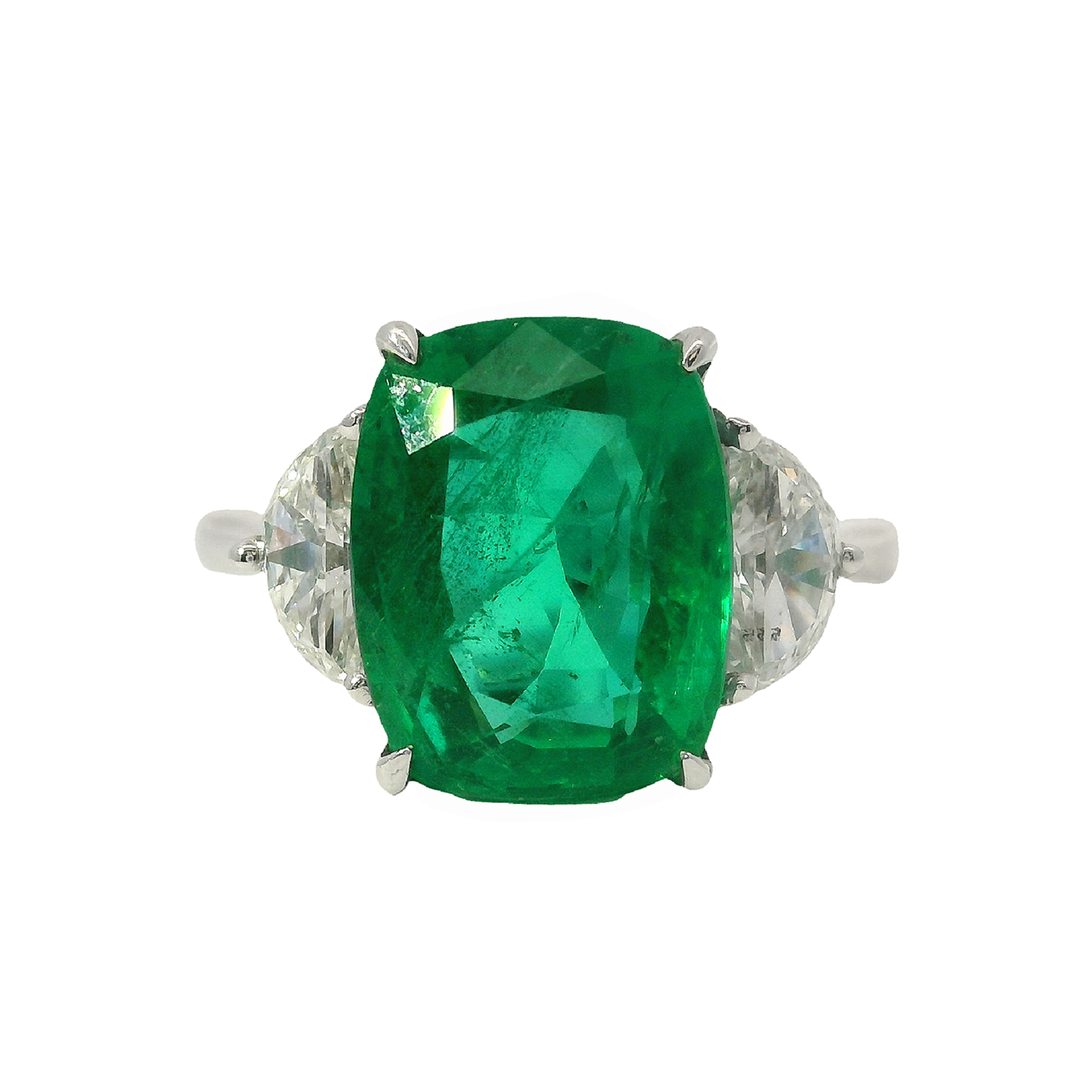 Three Stone Zambian Emerald and Half Moon Diamond Ring