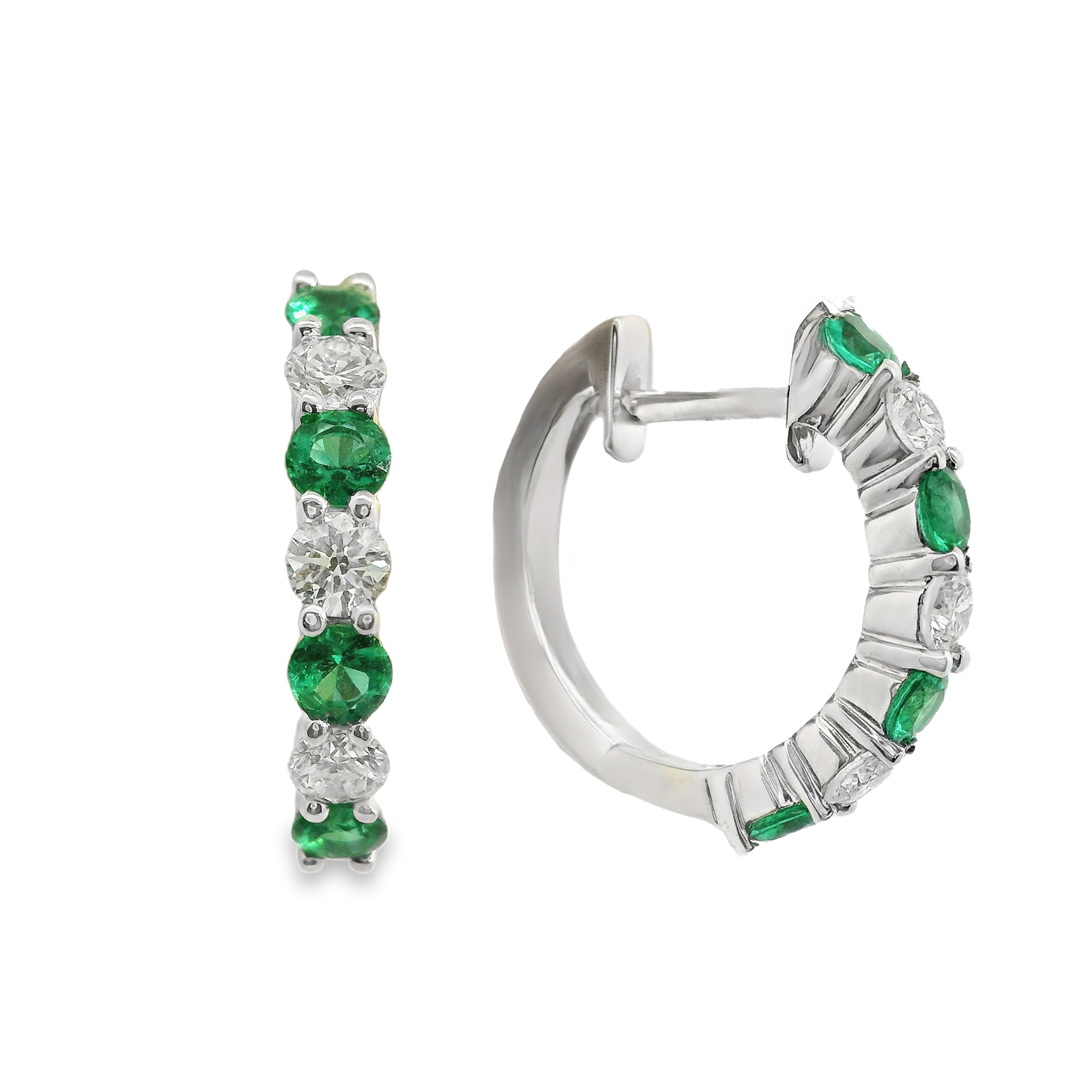 Alternating Round Emerald and Diamond Hoop Earrings