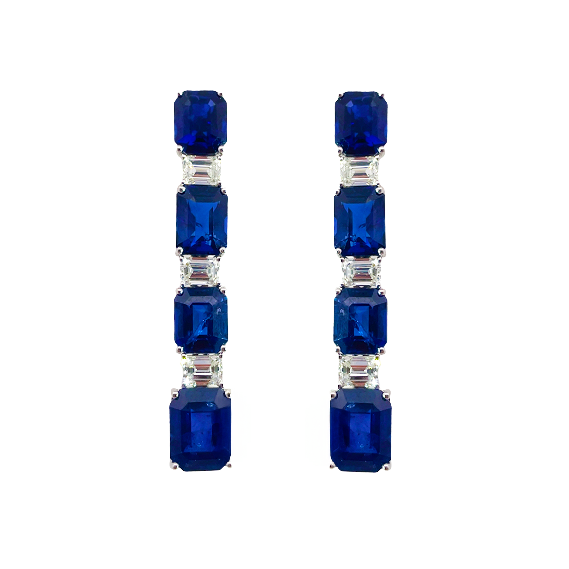Alternating Emerald-Cut Sapphire and Diamond Drop Earrings