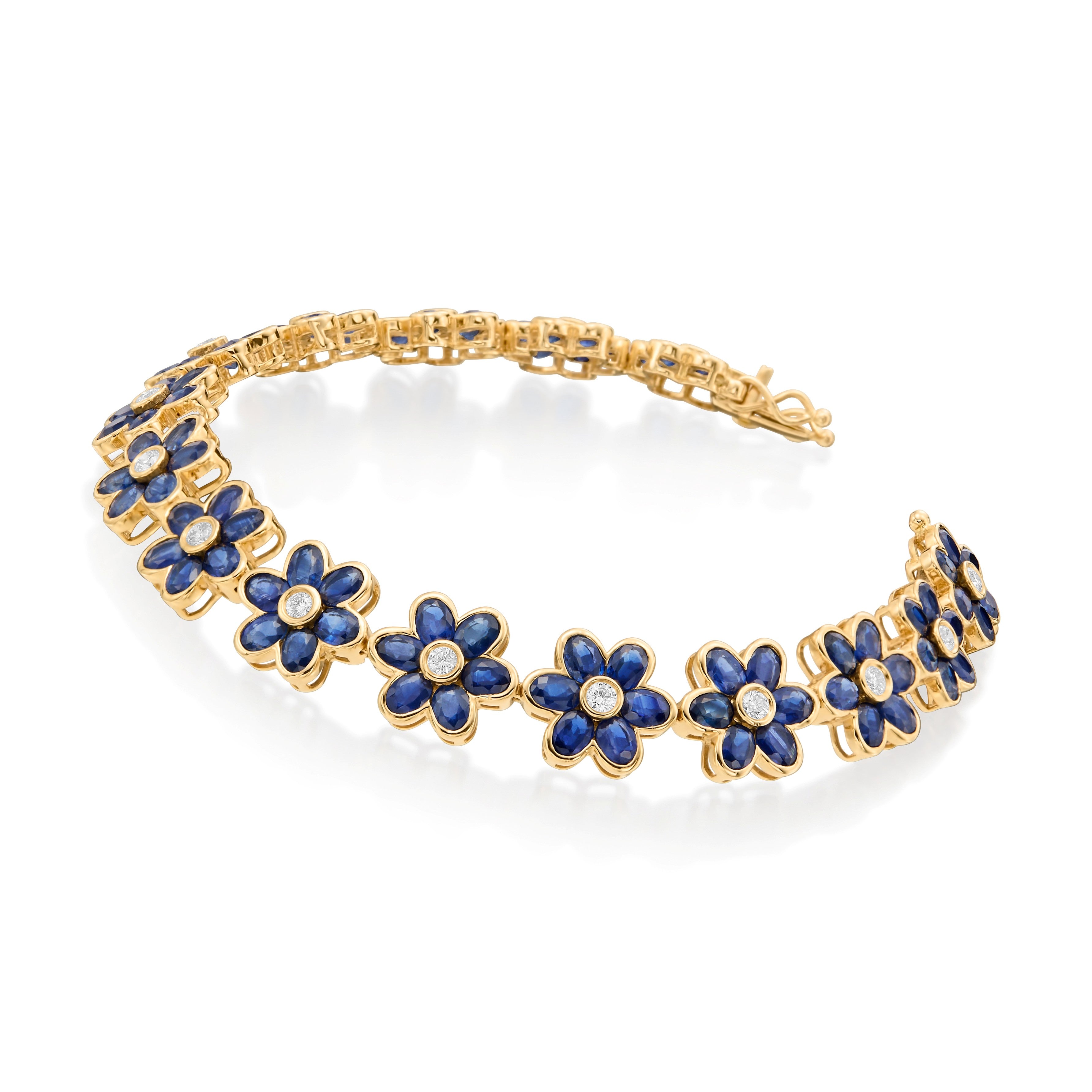 Oval Blue Sapphire and Round Diamond Flower Line Bracelet