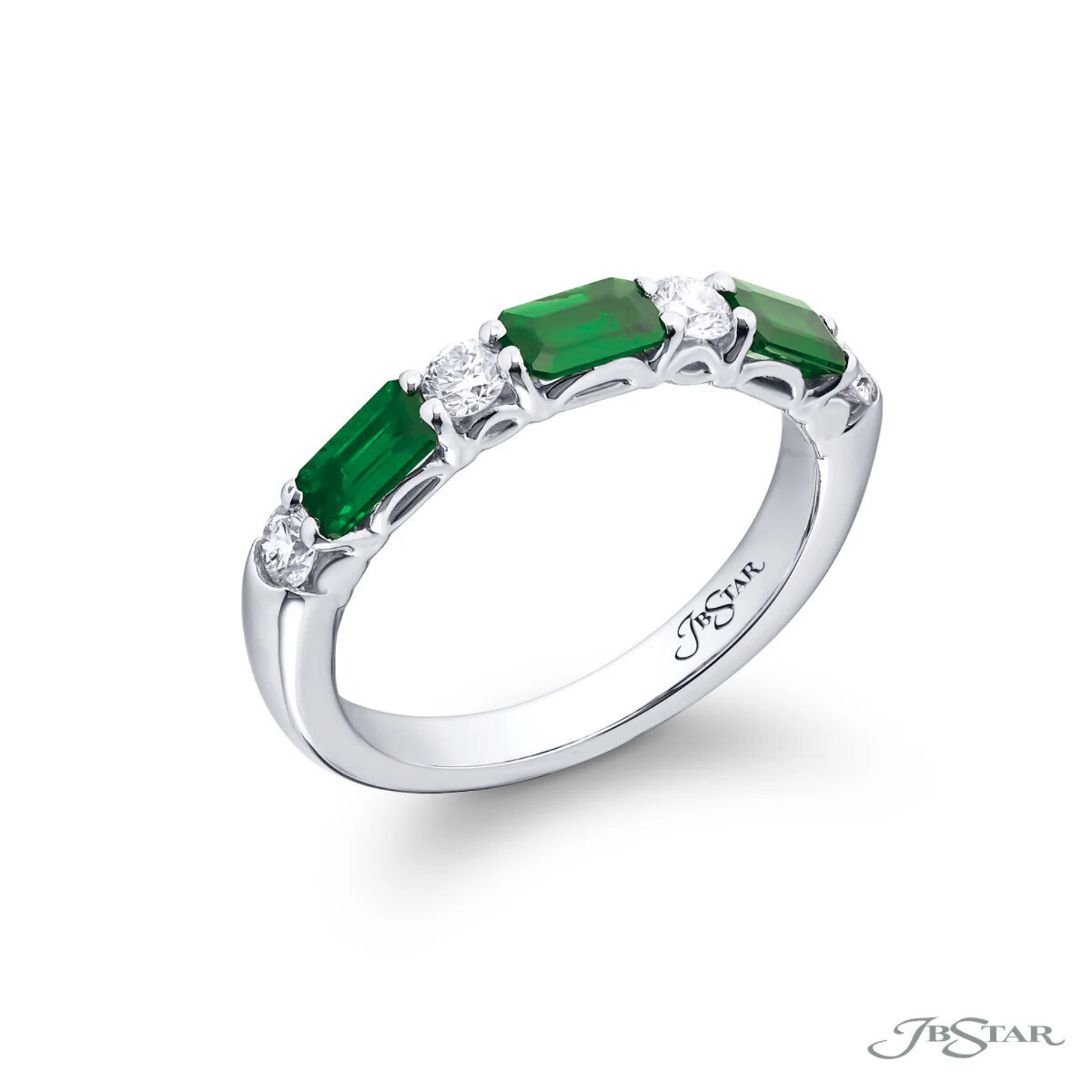 Alternating East-West Emerald Cut Emerald and Round Diamond Half-Band