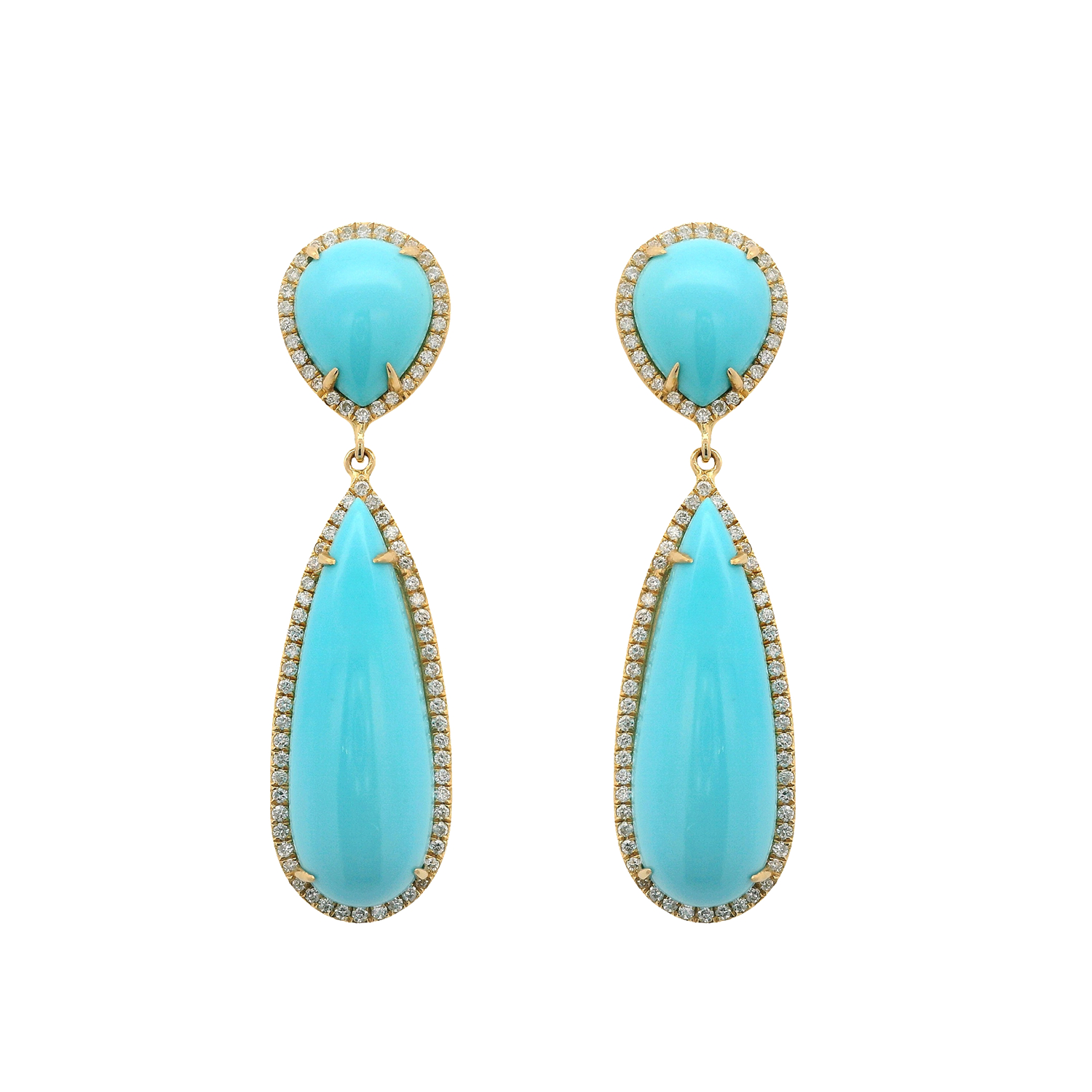 Pear Cabochon Turquoise Double Drop Earrings with Diamonds