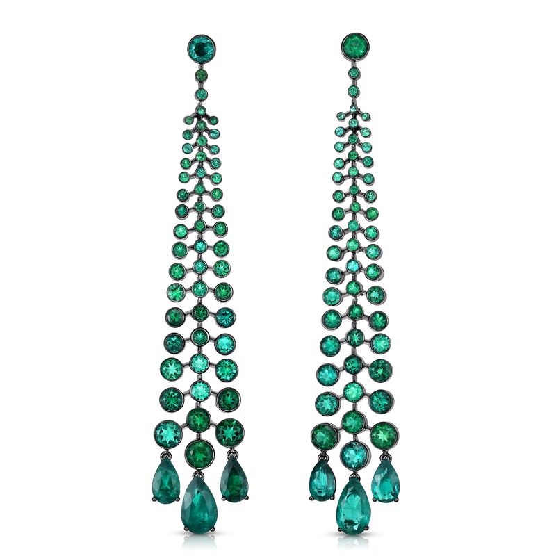 Pear and Round Emerald Chandelier Earrings