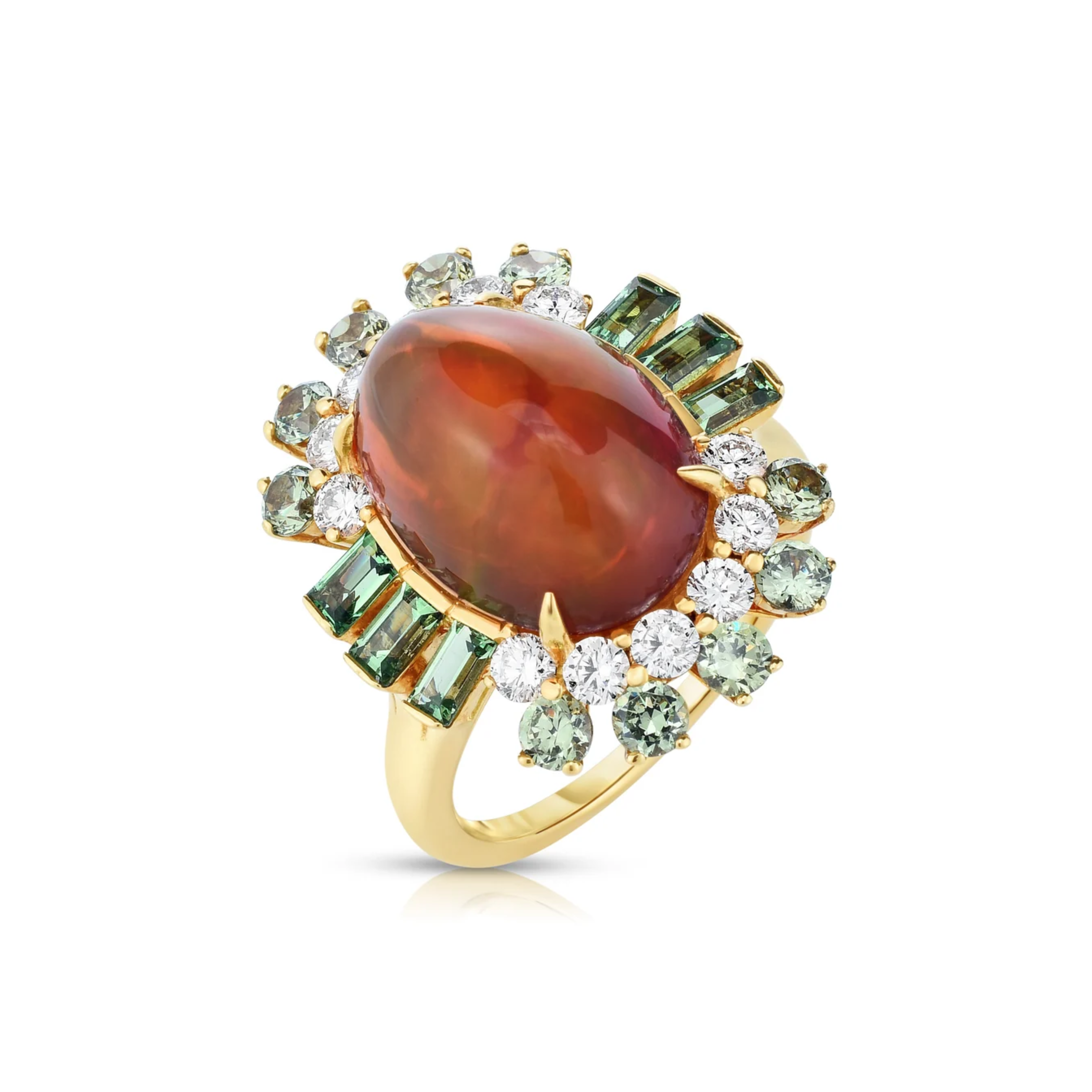 Fire Opal Ring with Tsavorite & Diamond Halo