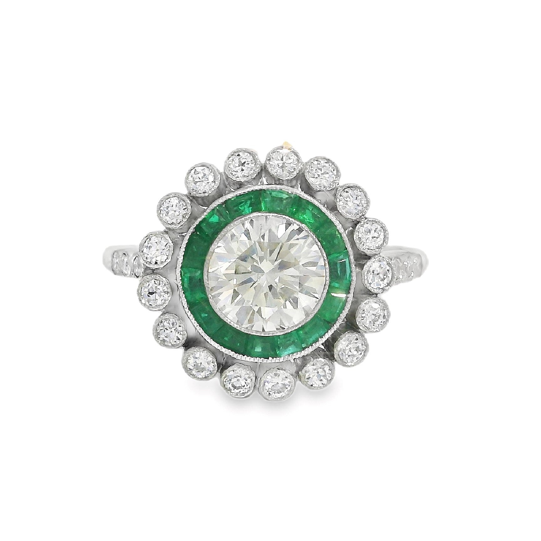 Vintage Old European Cut Diamond & Emerald Halo Ring