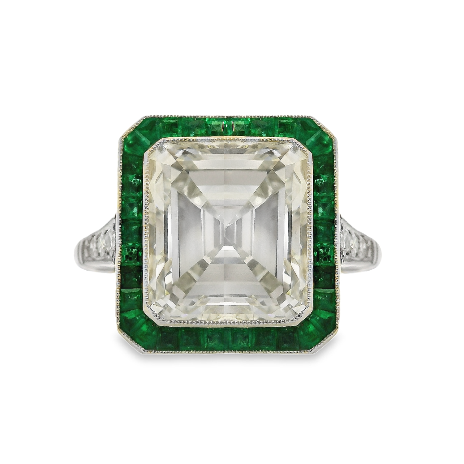 Vintage Emerald-Cut Diamond Ring with Emerald Halo