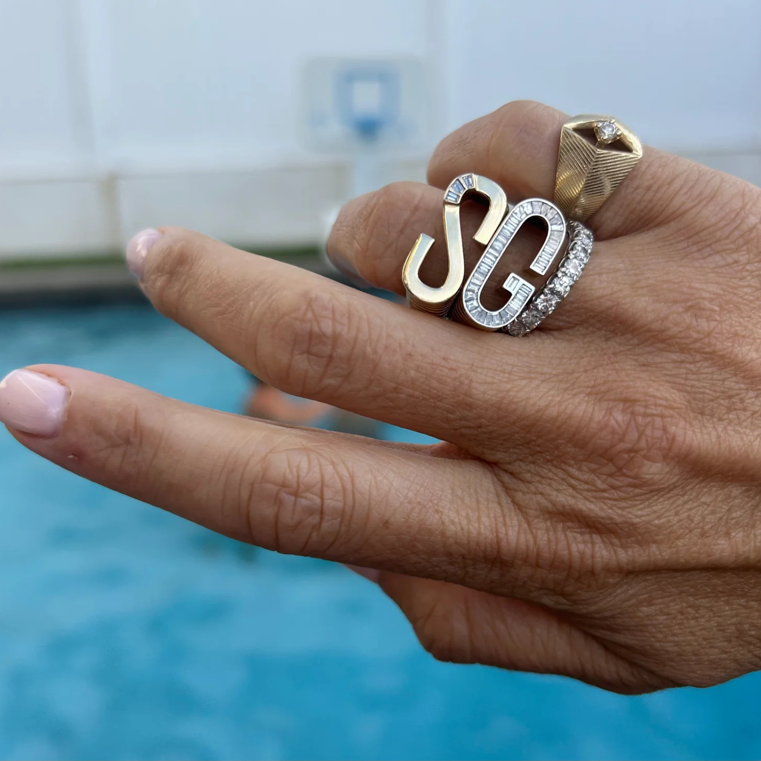 Grandsize Ribbed Diamond-Encrusted "C" Initial Ring