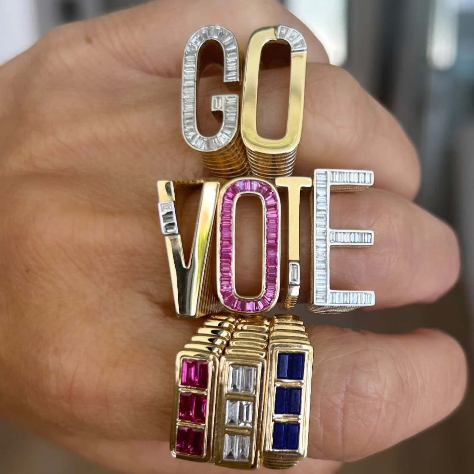Grandsize Pink Sapphire-Encrusted "V" Initial Ring