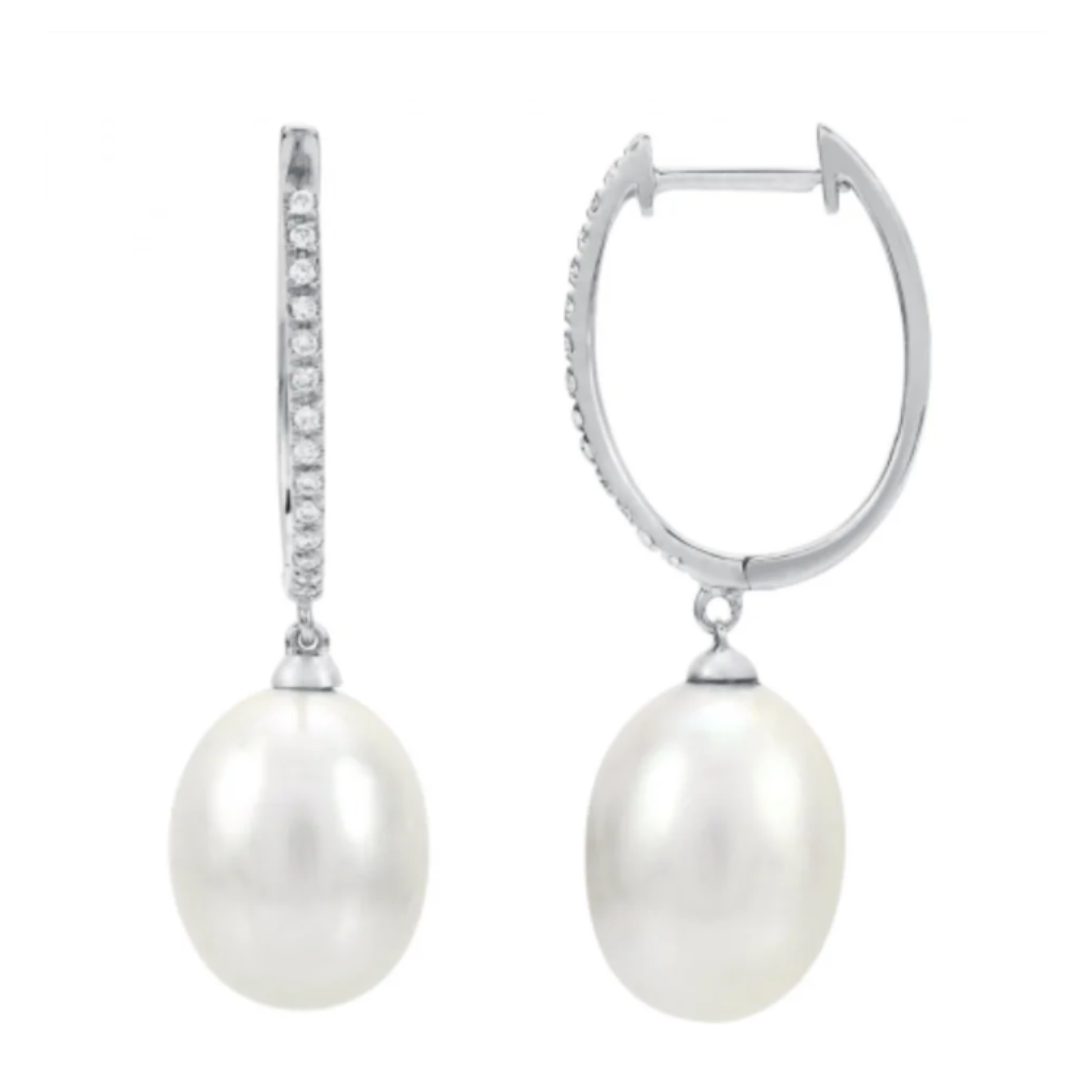 Pearl Drop Pavé Diamond Huggie Hoop Earrings