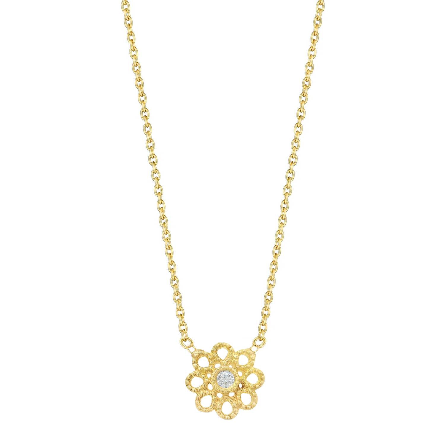 Gold Flower Pendant with Diamond Center on Chain