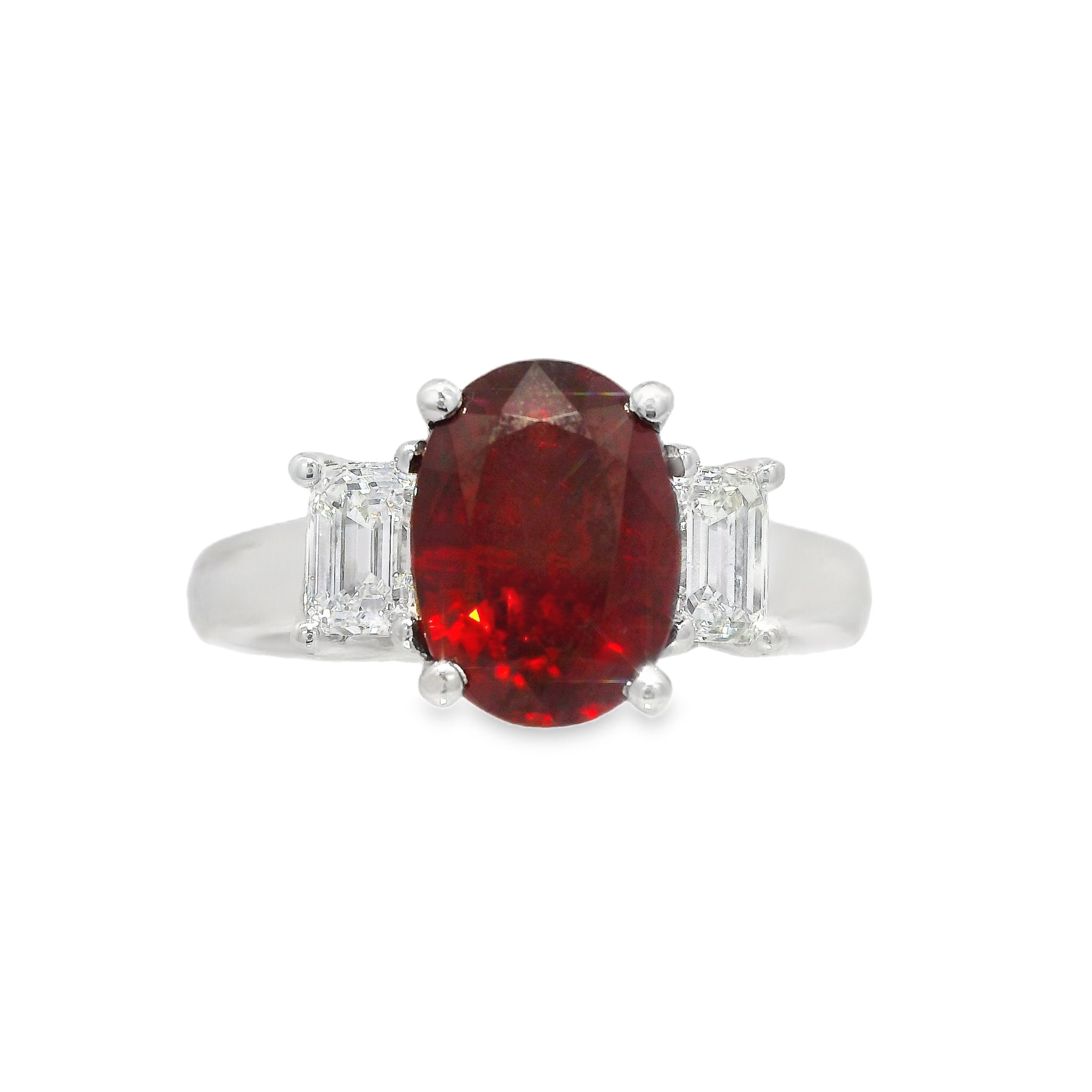 Burma Ruby Ring with Baguette Diamond Side Stones