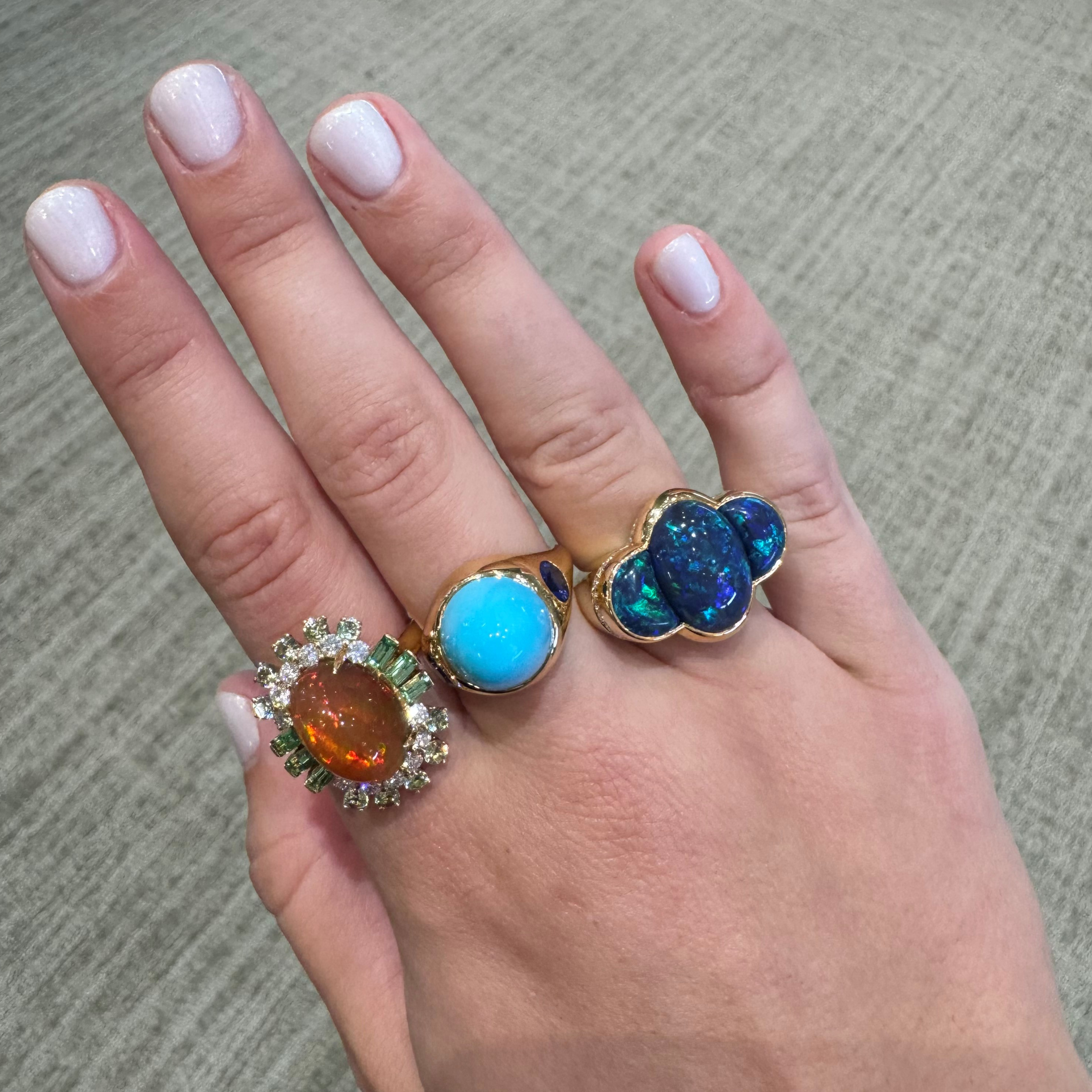 Fire Opal Ring with Tsavorite & Diamond Halo